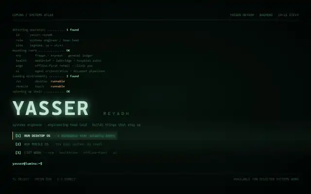 Green phosphor terminal with Yasser's name and a command menu